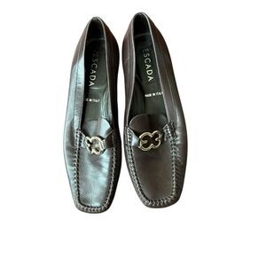 Escada Rich Brown Leather Loafers with Gold Accents